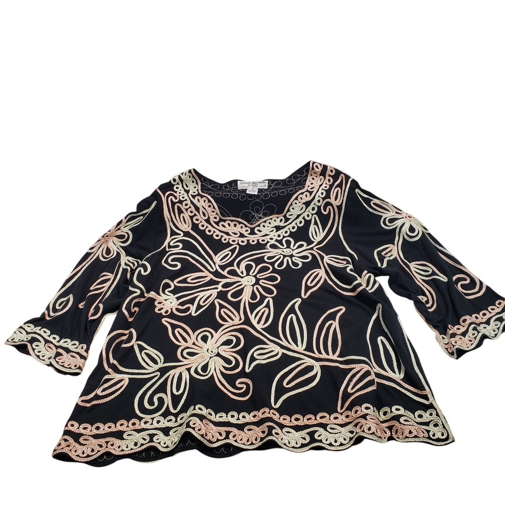 Lauren‎ Michelle Woman 2X Black Pink Soutache Floral Embroidered 3/4 Sleeve Top